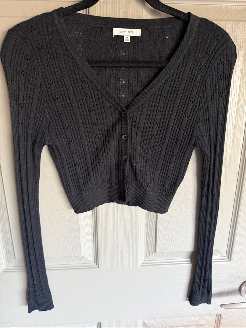 Love Tree Black Ribbed Openwork Button-Front Cardigan - Picture 3 of 4